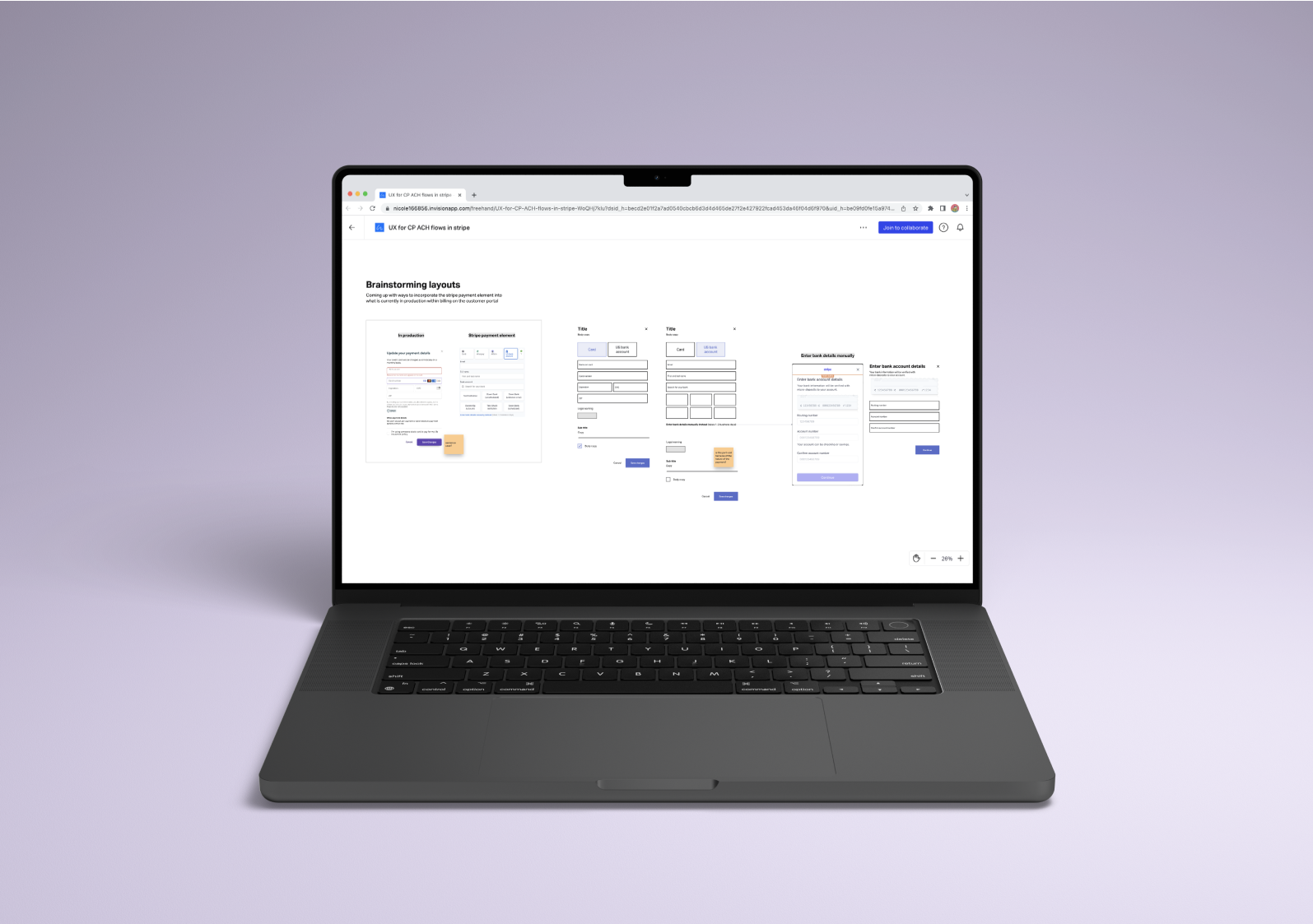 Brainstorming layouts in InVision Freehand: incorporating the Stripe payment element into the billing experience