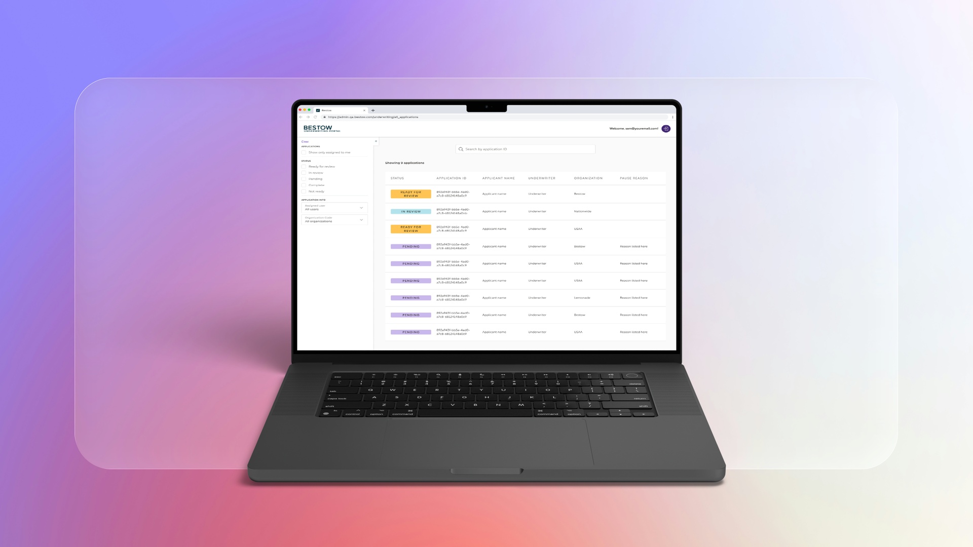 The Bestow underwriting portal on a tablet