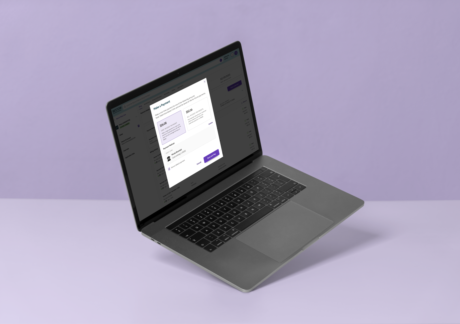 The Make a Payment modal in the unified portal, on a laptop