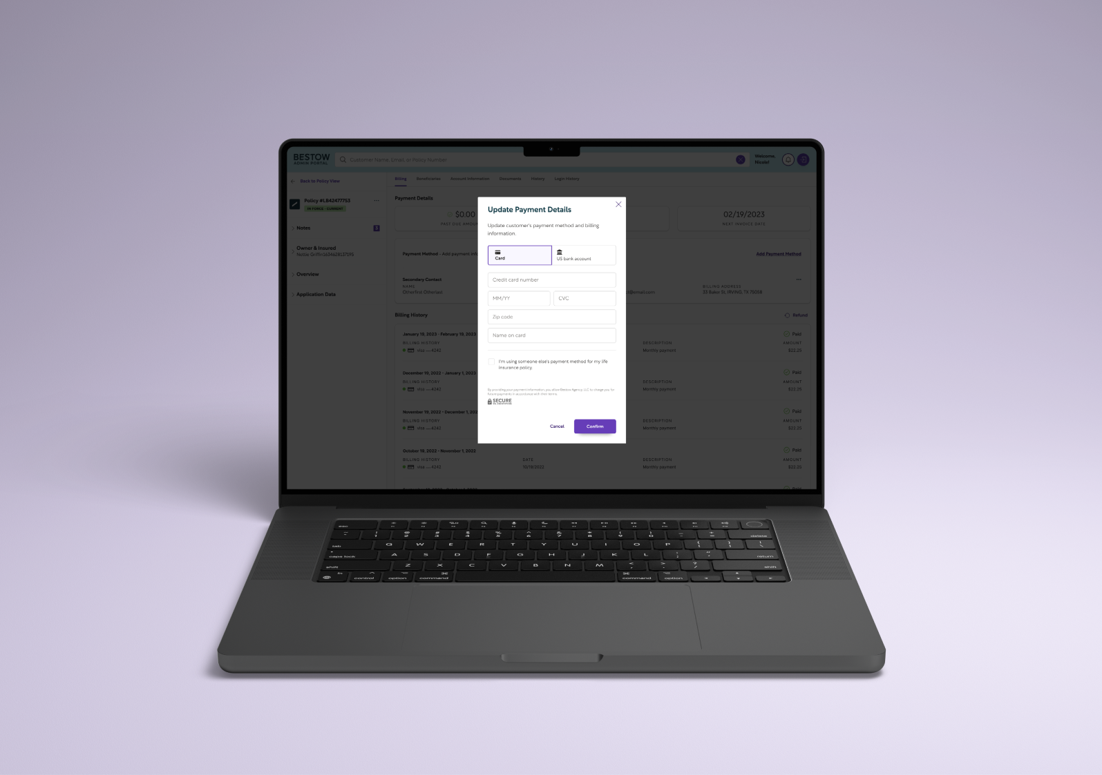 The Update Payment Details modal in the unified portal