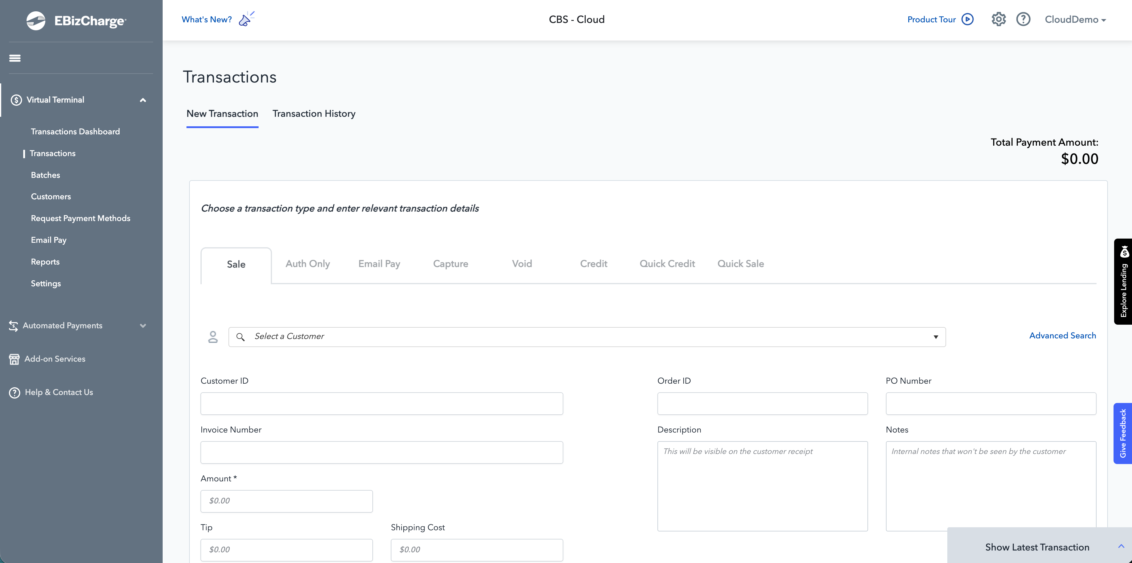The Transactions page before the redesign, with New Transaction and Transaction History split into tabs