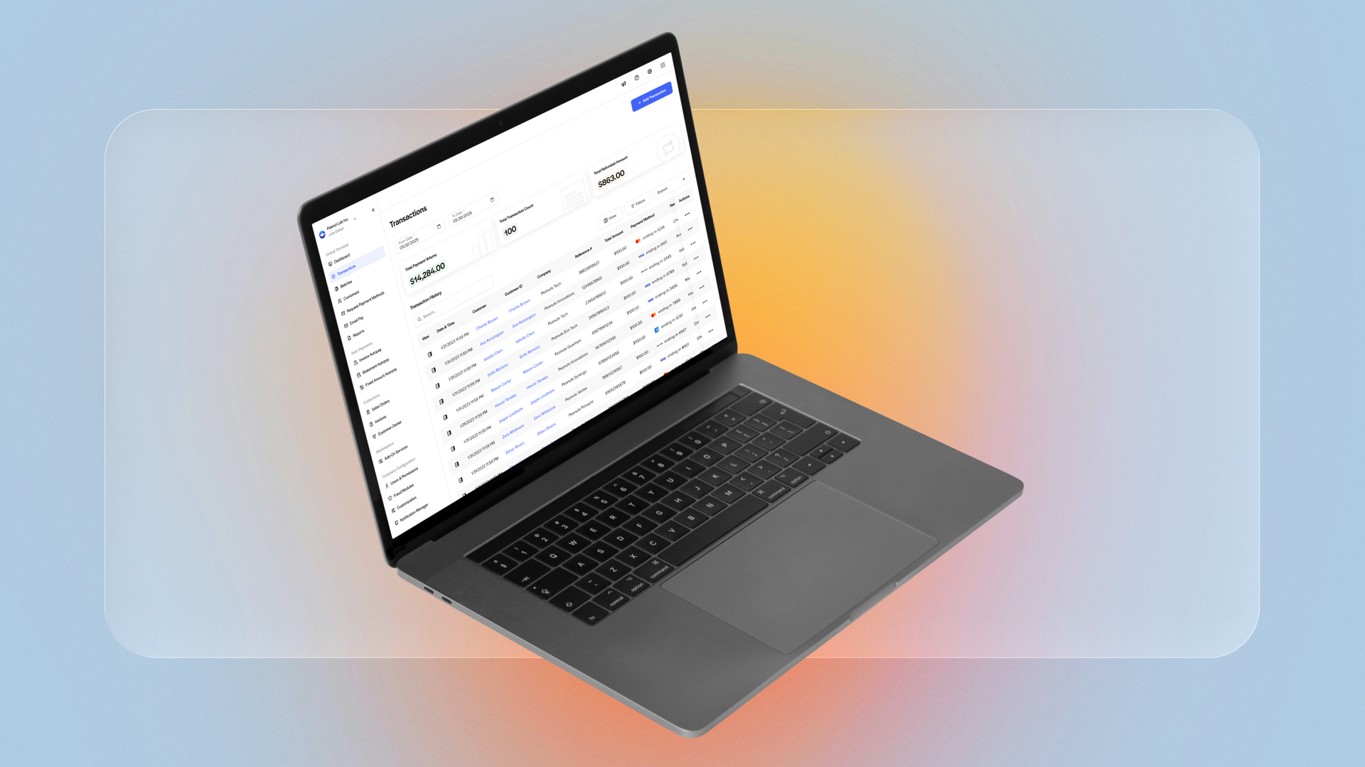 The redesigned Transactions page for EBizCharge Cloud on a laptop