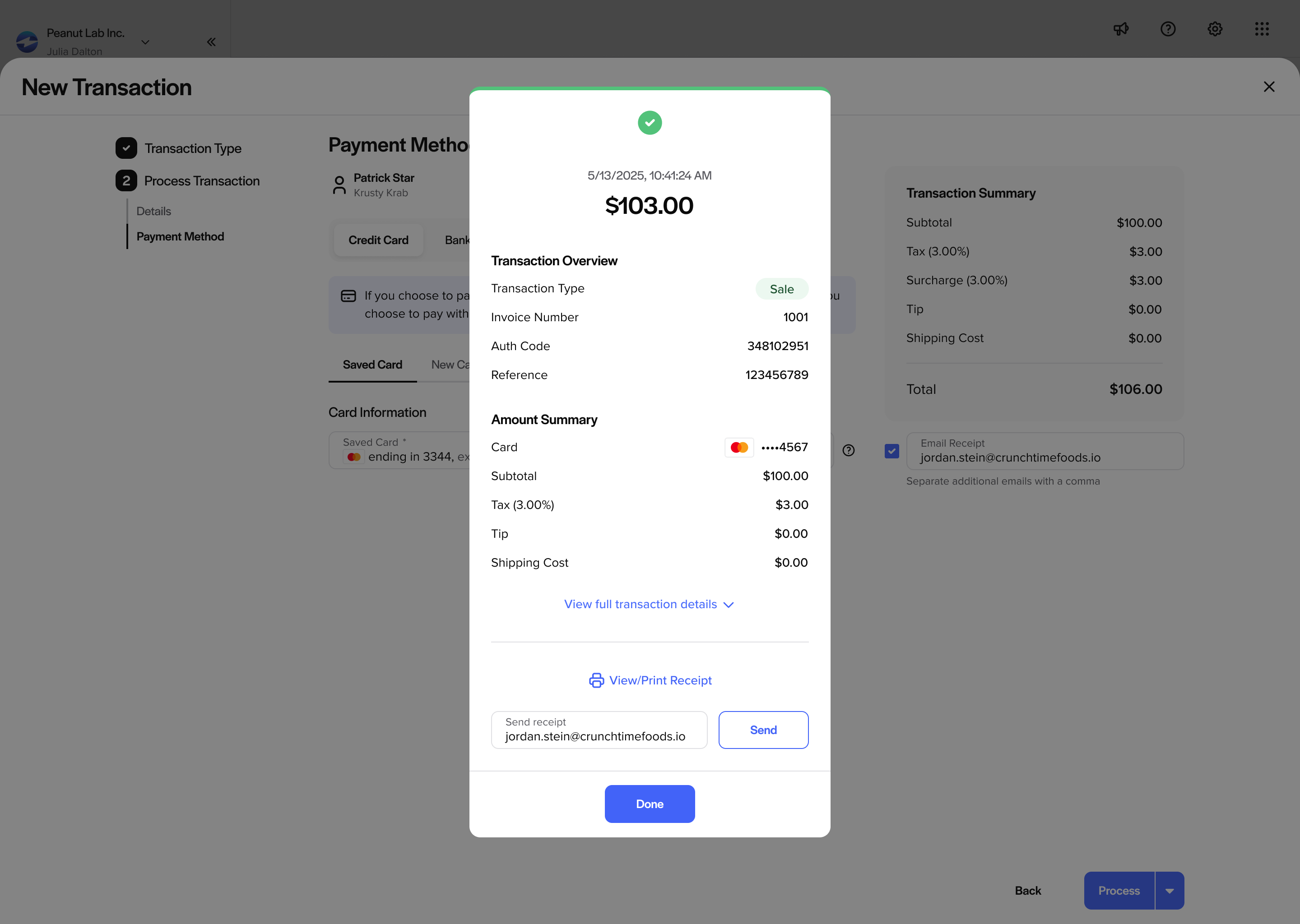 The updated receipt: a clear transaction summary with send and print options