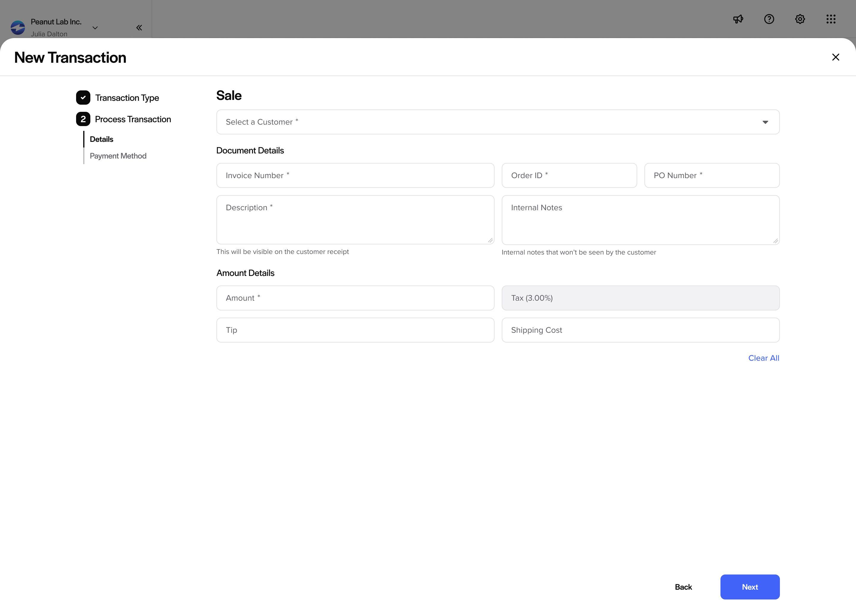 The Sale flow: document and amount details in a focused, step-based form