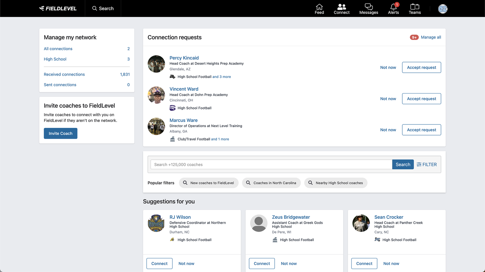 The FieldLevel Connect page on desktop, showing connection requests and coach suggestions