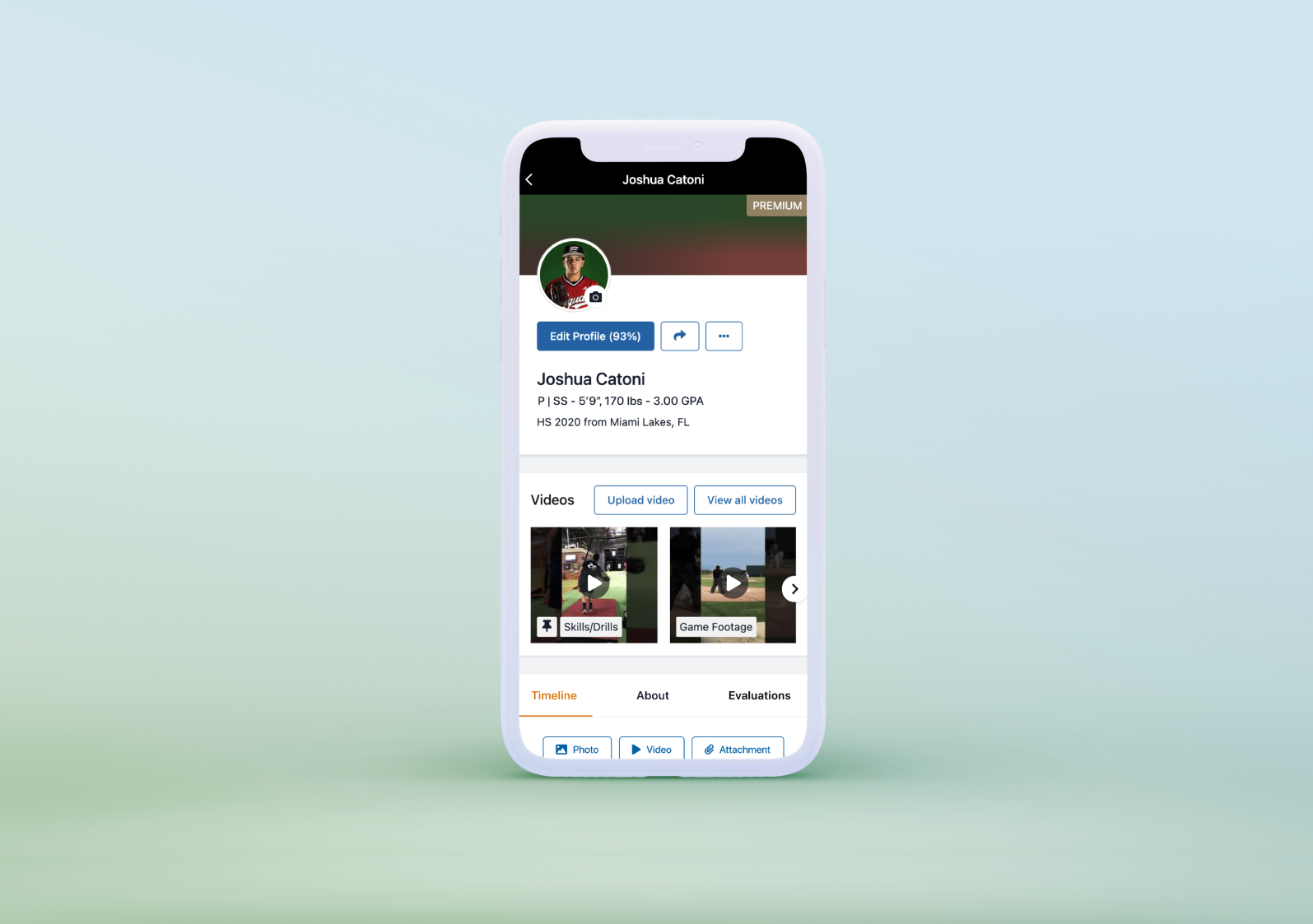 A Premium athlete profile on the FieldLevel app