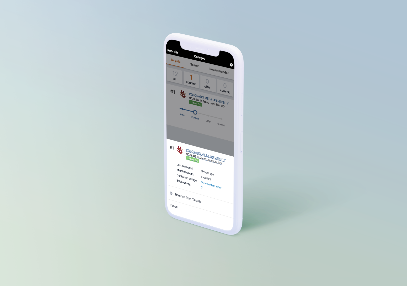 The Target page on the FieldLevel app, with the contact letter accessible from a college card