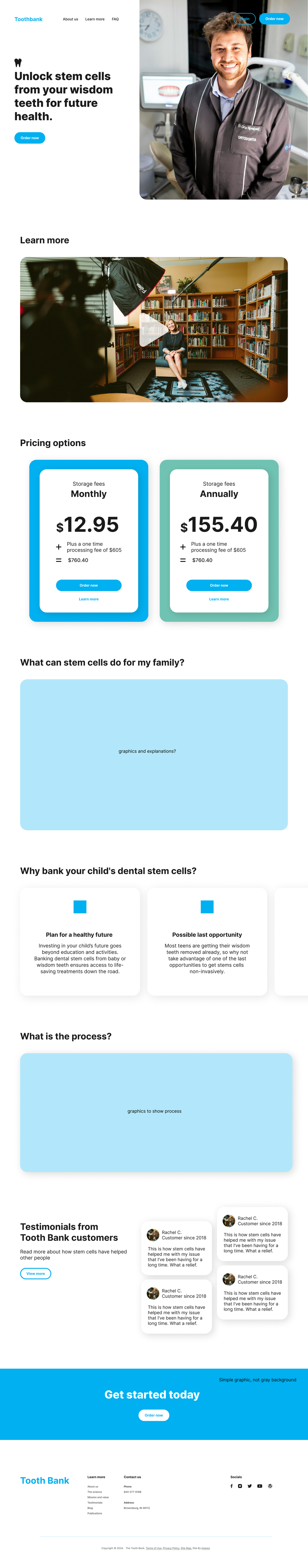 The full ToothBank landing page design, from hero to testimonials and footer